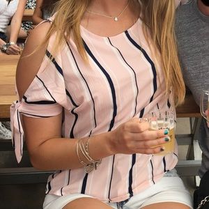 Striped, Exposed Shoulder Tie-Sleeve Blouse